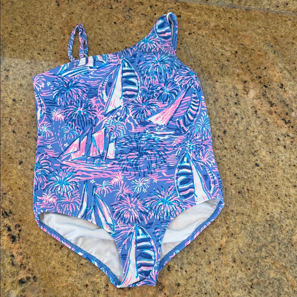 Lilly Pulitzer Kids One-Shoulder Swimsuit - Blue and Pink